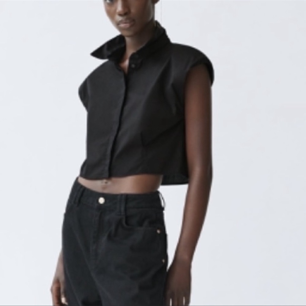 Zara women’s poplin shoulder pads shirt top Size L